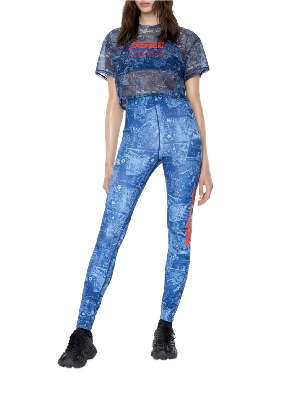 Diesel Blue Printed High-Waist Logo Leggings